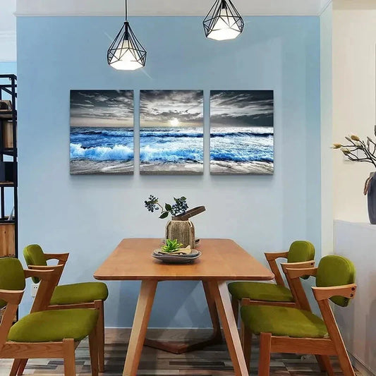 3pcs  Depicting Blue Sea Waves Metal Print Ready to Hang Art