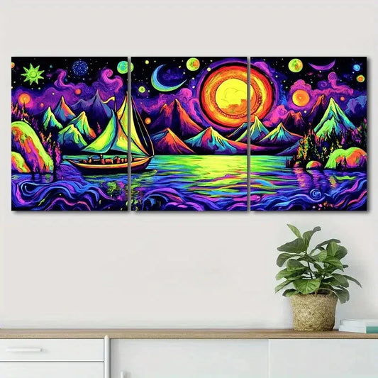 3pcs Nature Moon Colorful Lake Boat Perfect Wall Art Set Canvas Framed 40x60cm - High Quality Print 100% Australian Made Wall Canvas Ready to Hang