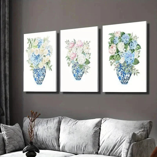 3pcs Blue And White Porcelain Vase And Flower Wall Art Set Canvas Framed 40x60cm - High Quality Print 100% Australian Made Wall Canvas Ready to Hang