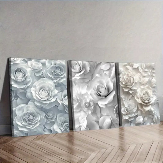 3pcs Canvas Paintings Featuring White Roses Wall Art Canvas Wall Art Set Canvas Framed 40x60cm - High Quality Print 100% Australian Made Wall Canvas Ready to Hang