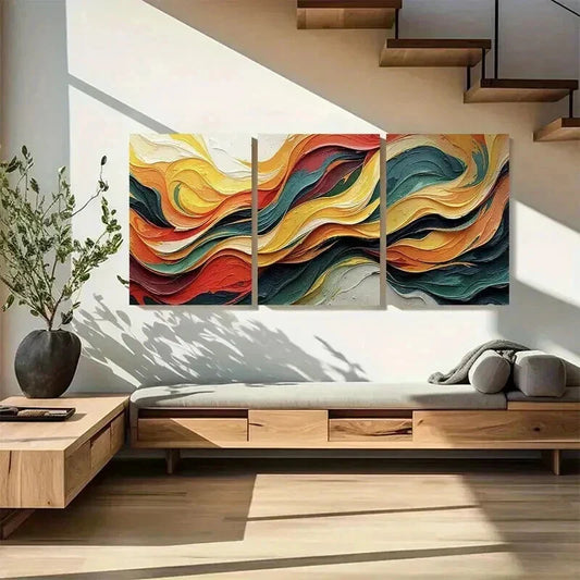 3pcs Swirling Waves in Red Yellow Green & Orange Wall Art Set Canvas Framed 40x60cm - High Quality Print 100% Australian Made Wall Canvas Ready to Hang
