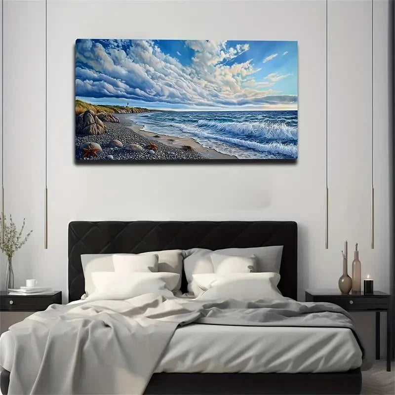 White Clouds Seashore Wall Art Canvas Office Home Room Framed 120x60cm
