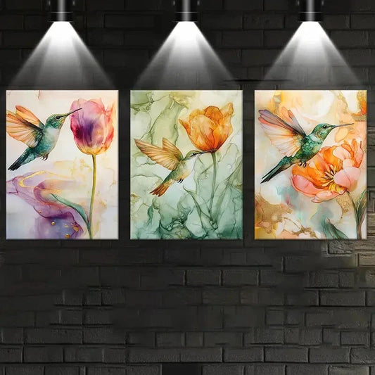 3pcs Hummingbird On Flowers Abstract Modern Metal Print Ready to Hang Art