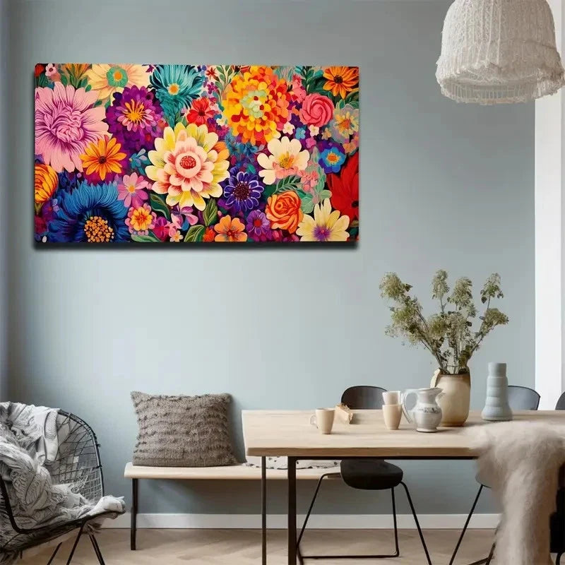 Vibrant Floral Deco Wall Art Canvas Office Home Room Framed 80x45cm