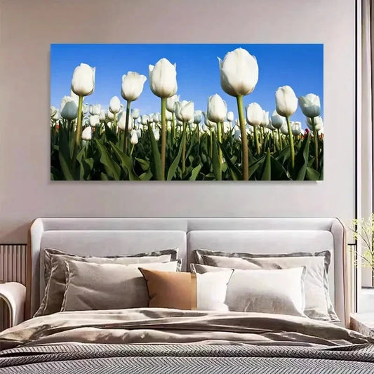 White Tulips & Blue Sky Flower Wall Art Canvas Office Home Room Framed 120x60cm