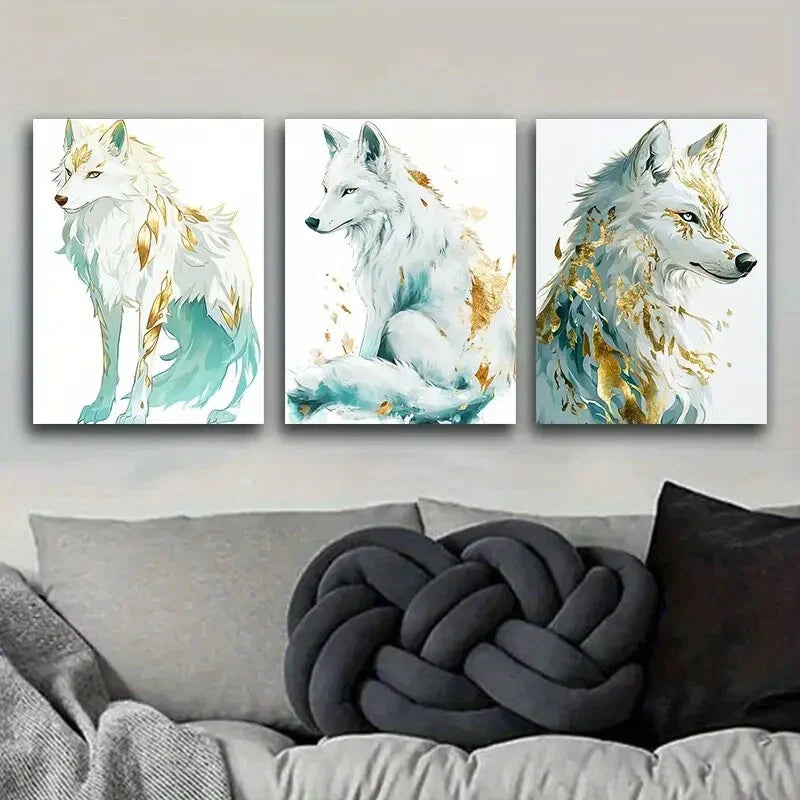 3pcs  Graceful white Wolf Art Painting Metal Print Ready to Hang Art