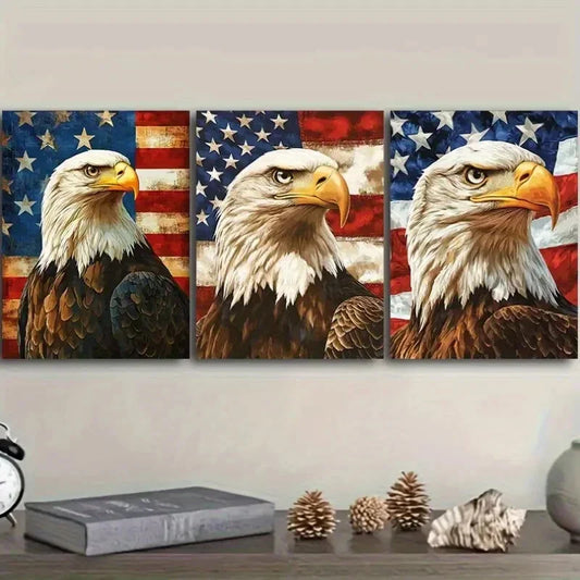 3pcs American Flag Design with Bald Eagle Metal Print Ready to Hang Art
