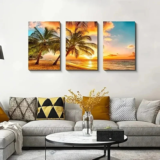 3pcs Coastal Style Golden Sunset Seascape  Metal Print Ready to Hang Art