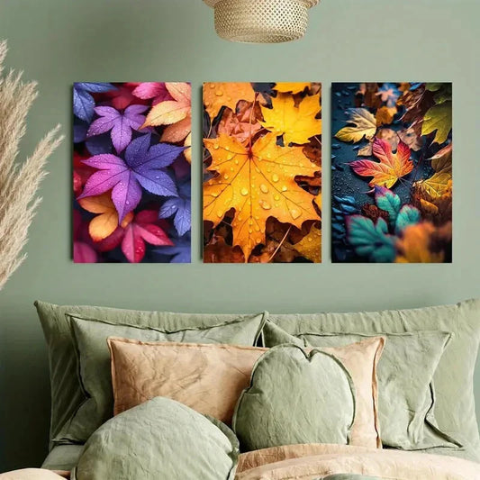 3pcs Vibrant Orange Maple Leaves Dew Drops Design Metal Print Ready to Hang Art