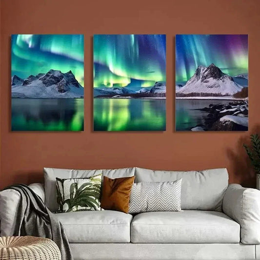 3pcs Aurora Borealis Mountains Lake  Wall Art Set Canvas Framed 40x60cm - High Quality Print 100% Australian Made Wall Canvas Ready to Hang