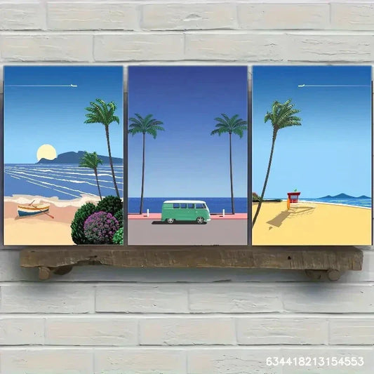 3pcs Small Boat Tourist Bus Beach Blue Sea Metal Print Ready to Hang Art