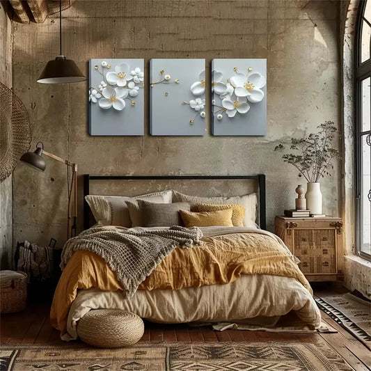 3pcs White, Three-Dimensional Plum Blossom  Wall Art Set Canvas Framed 40x60cm - High Quality Print 100% Australian Made Wall Canvas Ready to Hang