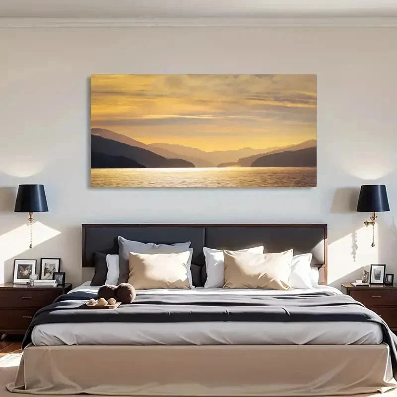 Serene Mountain Sunset Lake Wall Art Canvas Office Home Room Framed 120x60cm