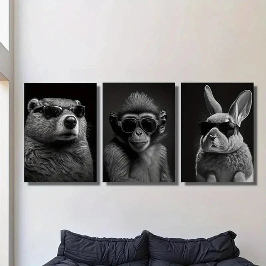 3pcs  Beaver, Monkey & Rabbit Glasses   Metal Print Ready to Hang Art