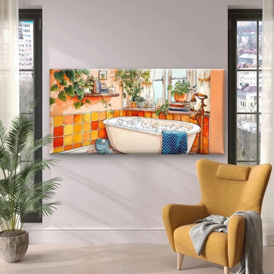 Bathroom Scene with Warm Tiled Wall Art Canvas Office Home Room Framed 80x45cm