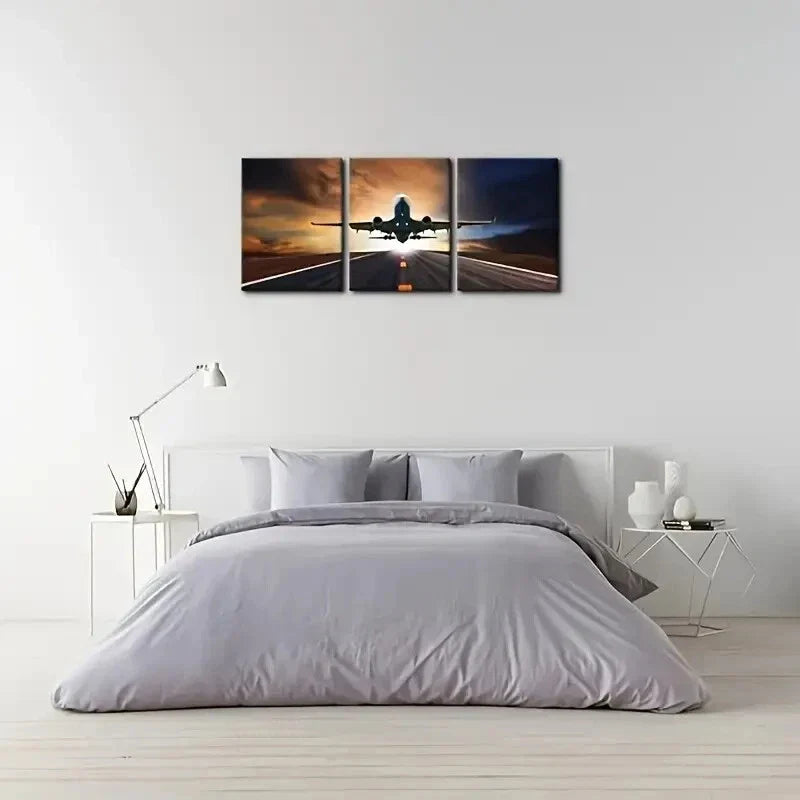 3pcs Plane Flying Over Runway Posters  Metal Print Ready to Hang Art