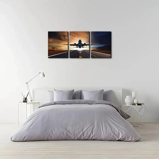 3pcs Plane Flying Over Runway Posters  Metal Print Ready to Hang Art
