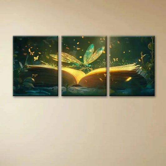 3pcs Dragonfly on Magic Book Painting Metal Print Ready to Hang Art