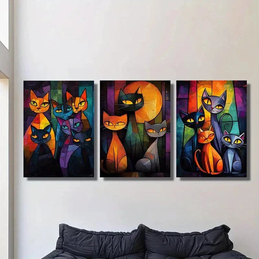 3pcs Vibrant Abstract Cat Metal Print Ready to Hang Art