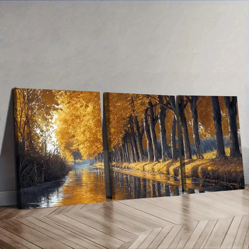 3pcs Golden Autumn River Trees Wall Art Set Canvas Framed 40x60cm - High Quality Print 100% Australian Made Wall Canvas Ready to Hang