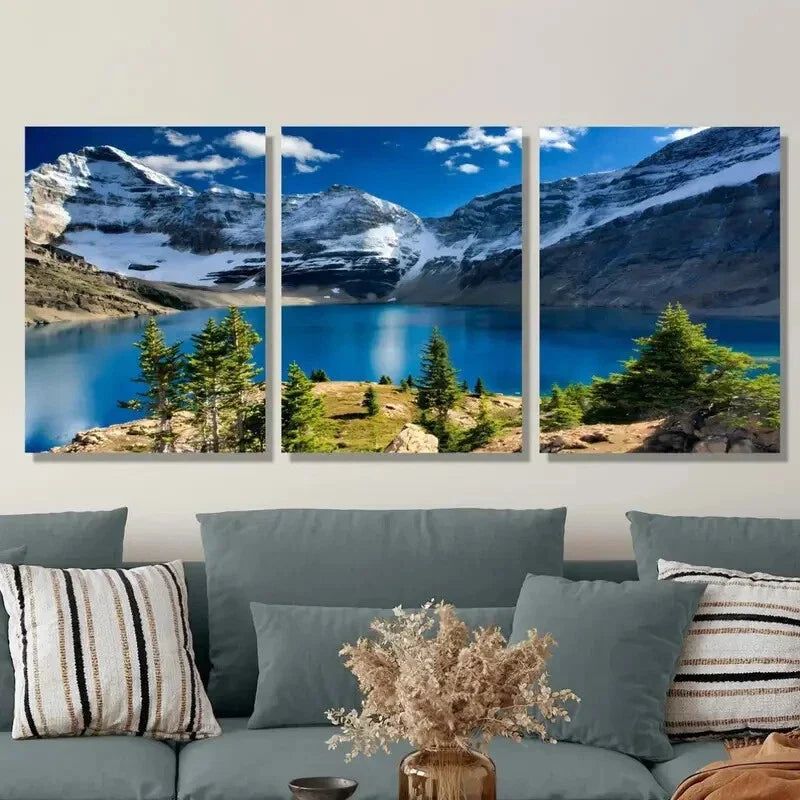 3pcs Painting of Tranquil Lakes & Majestic Mounts Metal Print Ready to Hang Art