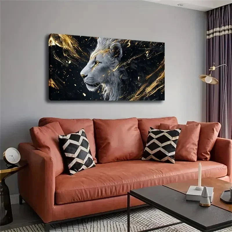Realistic White Lion Golden Wall Art Canvas Office Home Room Framed 120x60cm