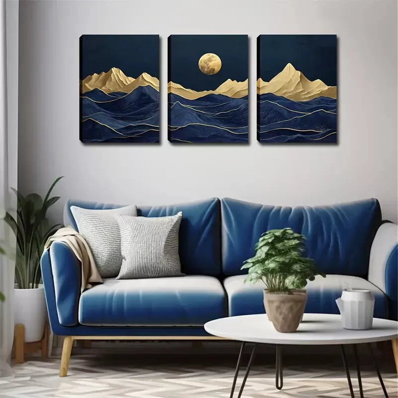 3pcs Abstract Mountain And Moon Wall Art Set Canvas Framed 40x60cm - High Quality Print 100% Australian Made Wall Canvas Ready to Hang
