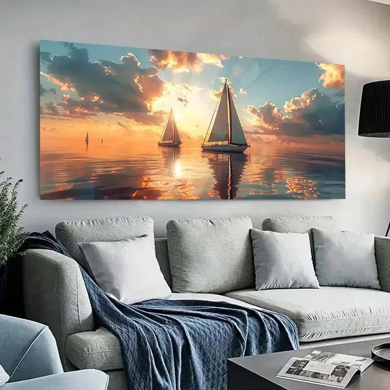 Serene Sunset Sailboats Wall Art wall canvas office home room framed 120x60cm