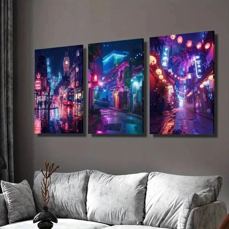 3pcs City Night Scene under Neon Lights Wall Art Set Canvas Framed 40x60cm - High Quality Print 100% Australian Made Wall Canvas Ready to Hang