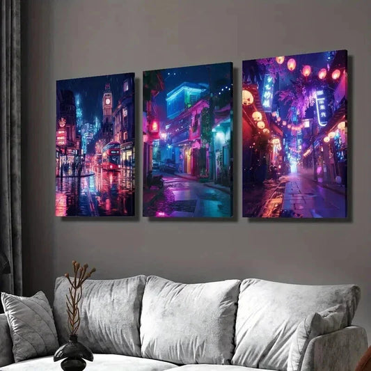 3pcs City Night Scene under Neon Lights Wall Art Set Canvas Framed 40x60cm - High Quality Print 100% Australian Made Wall Canvas Ready to Hang