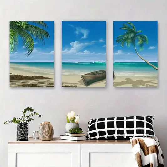 3pcs Palm Tree and Boat Tropical Beach Metal Print Ready to Hang Art
