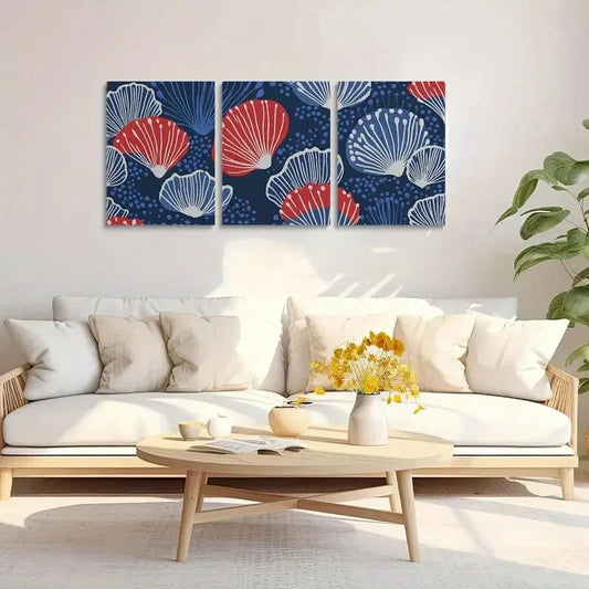 3pcs Blue and Red Abstract with White Accents Metal Print Ready to Hang Art