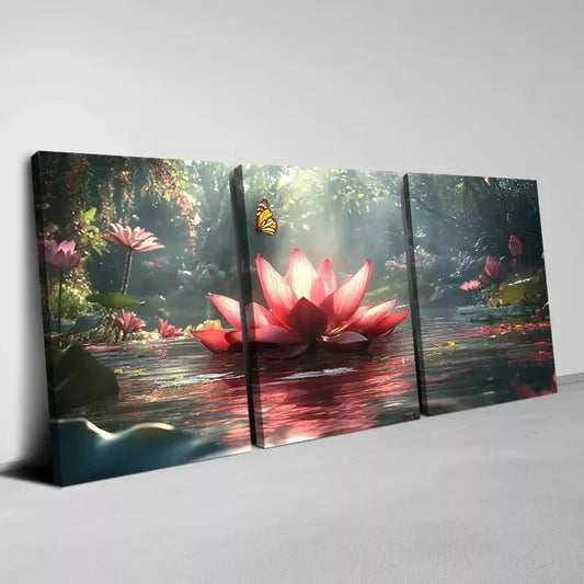3pcs Beautiful And Charming Lotus with Butterfly Wall Art Set Canvas Framed 40x60cm - High Quality Print 100% Australian Made Wall Canvas Ready to Hang