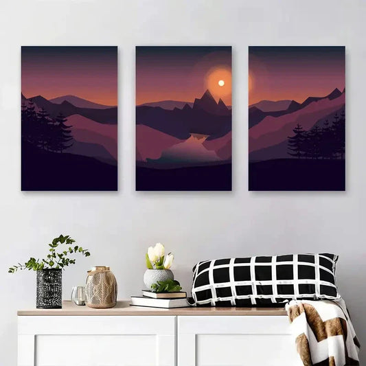 3pcs Abstract Mountain Sunset Landscape Metal Print Ready to Hang Art