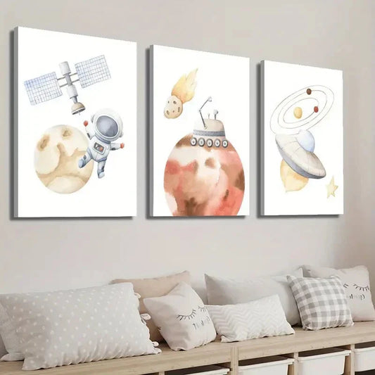 3pcs Astronaut & Planets Decor Wall Art Set Canvas Framed 40x60cm - High Quality Print 100% Australian Made Wall Canvas Ready to Hang