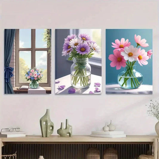 3pcs Vibrant Flowers in Vases Floral Bouquet Metal Print Ready to Hang Art