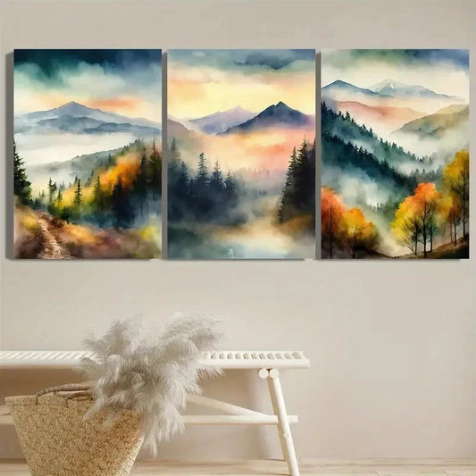 3pcs Forest And Mountain Scenery Watercolor Metal Print Ready to Hang Art