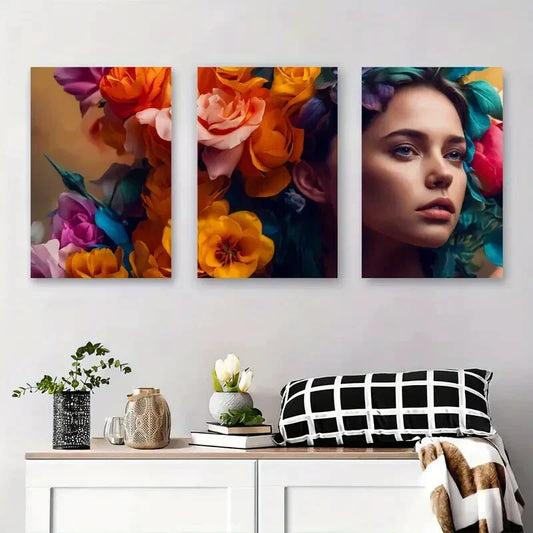 3pcs Vibrant Floral Crowned Woman Metal Print Ready to Hang Art