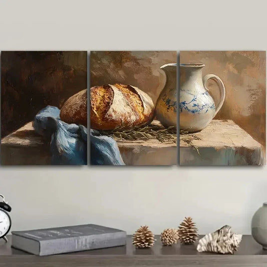 3pcs  Still life of bread and kettle  Metal Print Ready to Hang Art