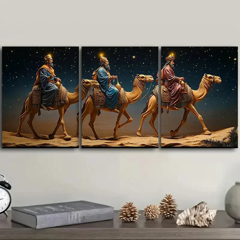 3pcs Three wise men on camels Wall Art Set Canvas Framed 40x60cm - High Quality Print 100% Australian Made Wall Canvas Ready to Hang