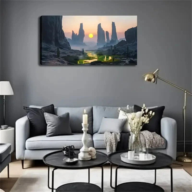 Mountain River Sunset Scene Wall Art Canvas Office Home Room Framed 120x60cm