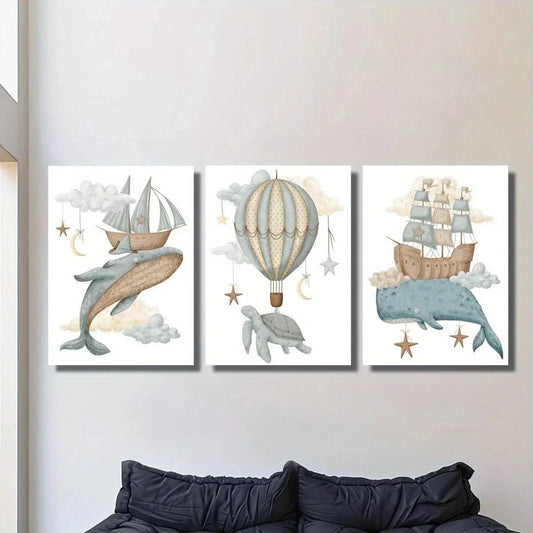 3pcs flying whales turtles and hot air balloons Metal Print Ready to Hang Art