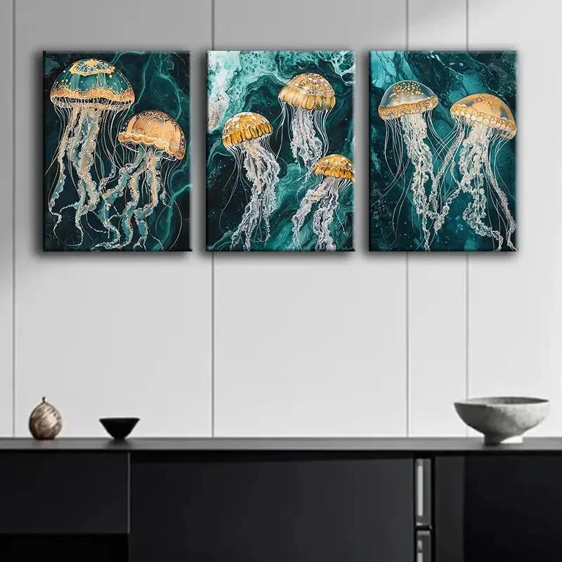 3pcs Jellyfish Design Dark Color Perfect Wall Art Set Canvas Framed 40x60cm - High Quality Print 100% Australian Made Wall Canvas Ready to Hang