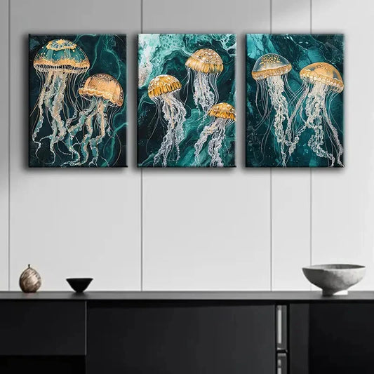 3pcs Jellyfish Design Dark Color Perfect Wall Art Set Canvas Framed 40x60cm - High Quality Print 100% Australian Made Wall Canvas Ready to Hang
