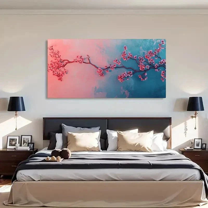 Cherry Blossom Blue Gradient Wall Art Canvas Office Home Room Framed 120x60cm