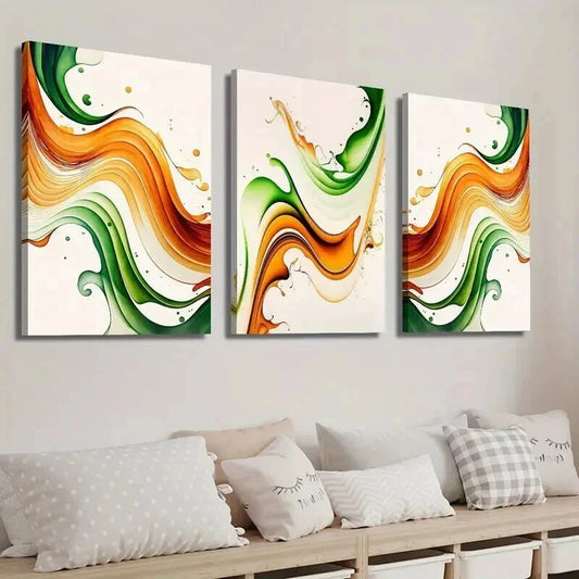 3pcs Burnt Orange & Emerald Green Wavy Wall Art Set Canvas Framed 40x60cm - High Quality Print 100% Australian Made Wall Canvas Ready to Hang