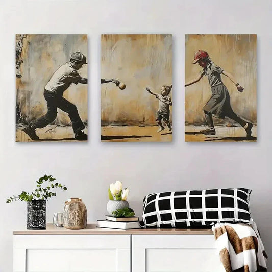3pcs Father and Daughter Street Black & White Metal Print Ready to Hang Art