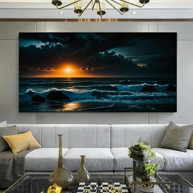 Beach Sunset Ocean Waves Wall Art wall canvas office home room framed 120x60cm