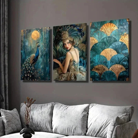 3pcs Gatsby Girl Peacock Full Moon Wall Art Set Canvas Framed 40x60cm - High Quality Print 100% Australian Made Wall Canvas Ready to Hang