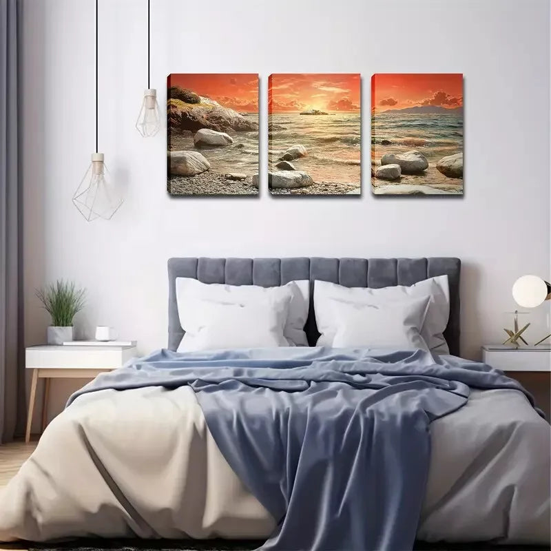 3pcs  Refreshing, Seaside Stone, Red Sky  Wall Art Set Canvas Framed 40x60cm - High Quality Print 100% Australian Made Wall Canvas Ready to Hang